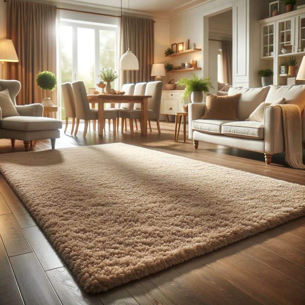 A living room with furniture and a rug on the floor