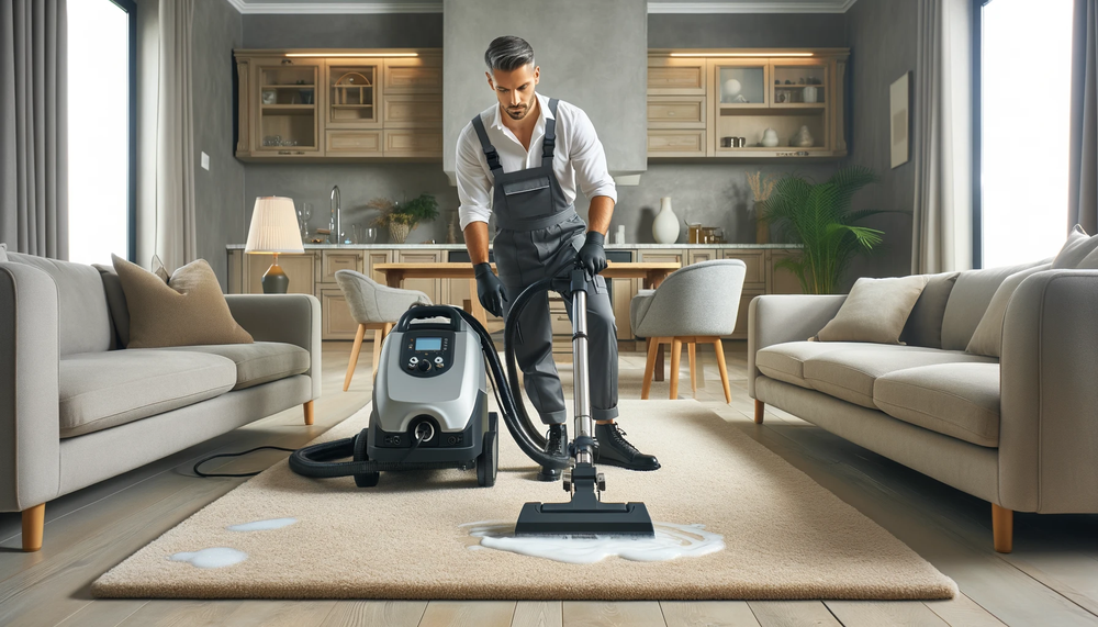 A man is cleaning a rug with a vacuum cleaner in a living room.