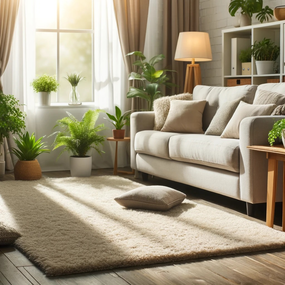 A living room with a couch , rug , and plants.