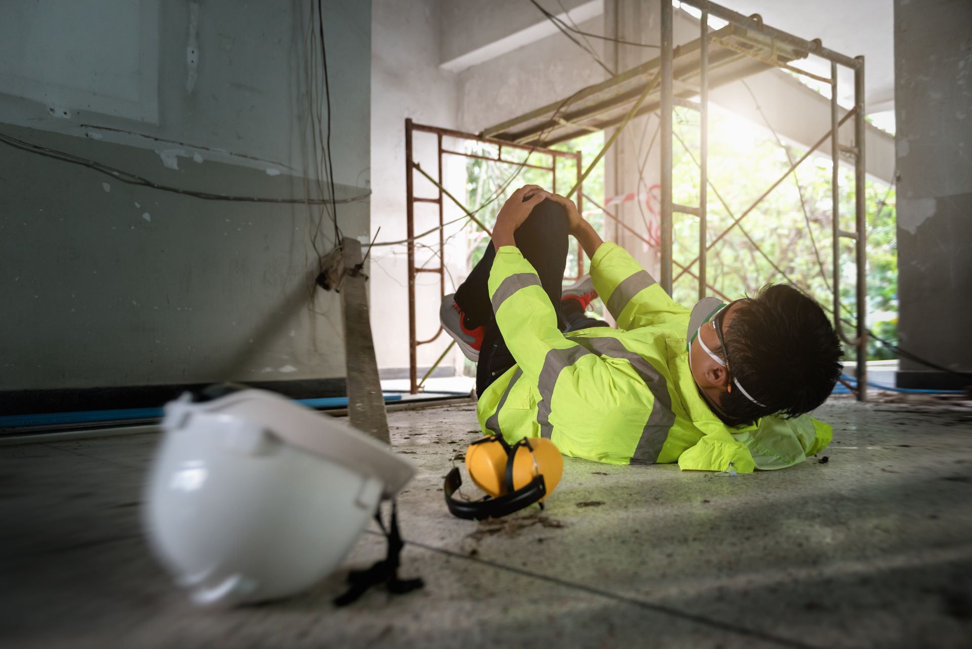 Worker in neon safety gear lying on floor at a construction site, with a hard hat nearby and scaffold in back.