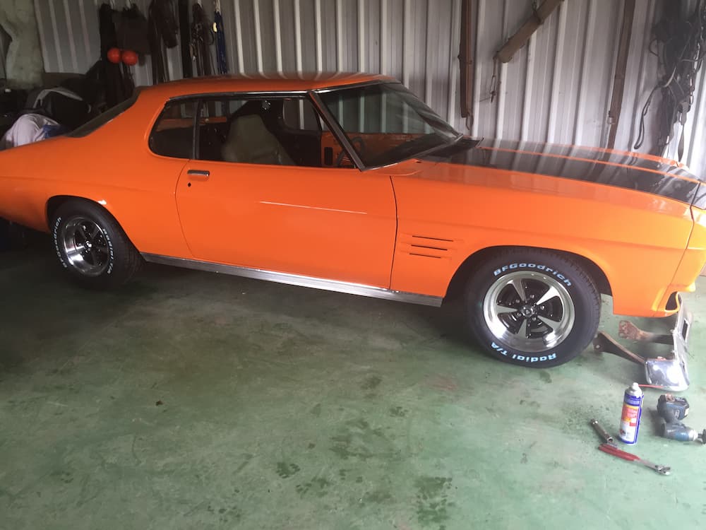 Side View of Orange Mustang with Racing Stripes — Panel Beating & Restoration Services in Port Macquarie, NSW
