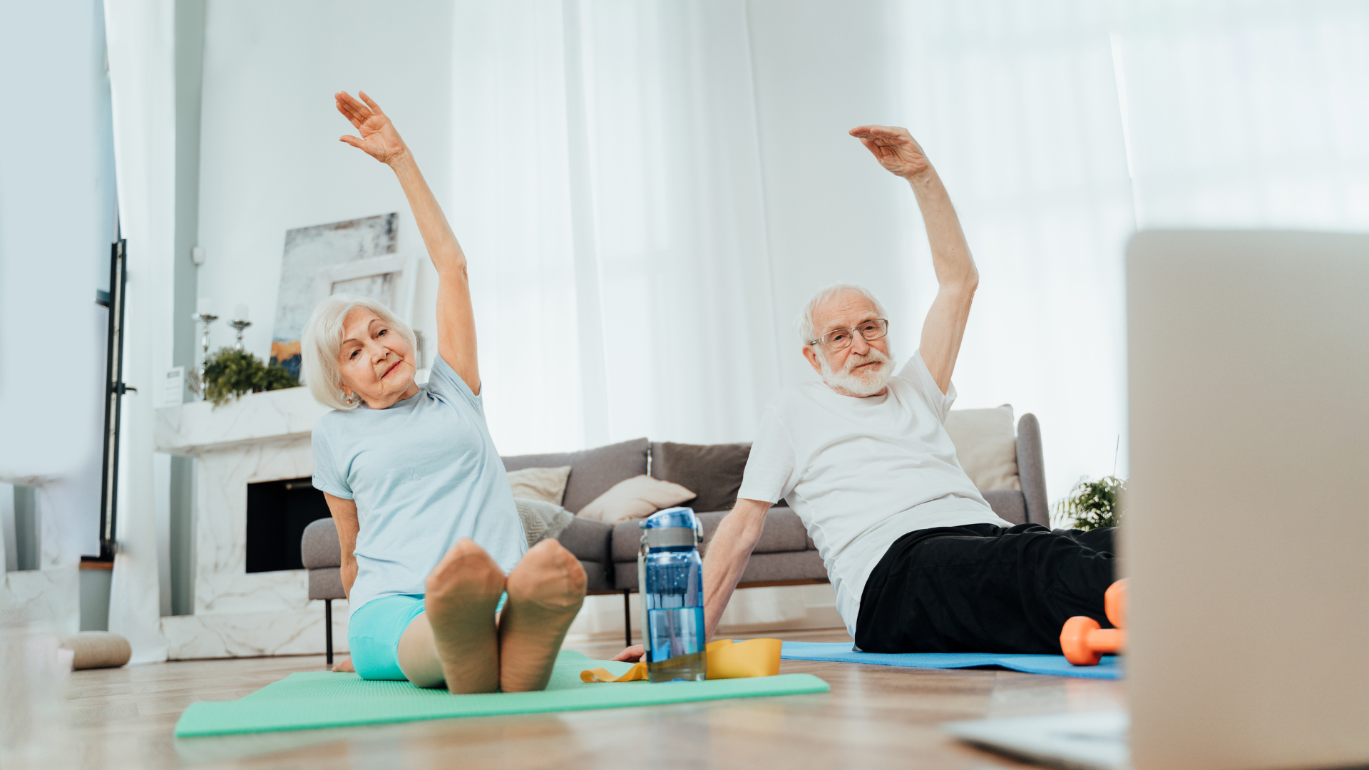 older man in orange t-shirt exercising