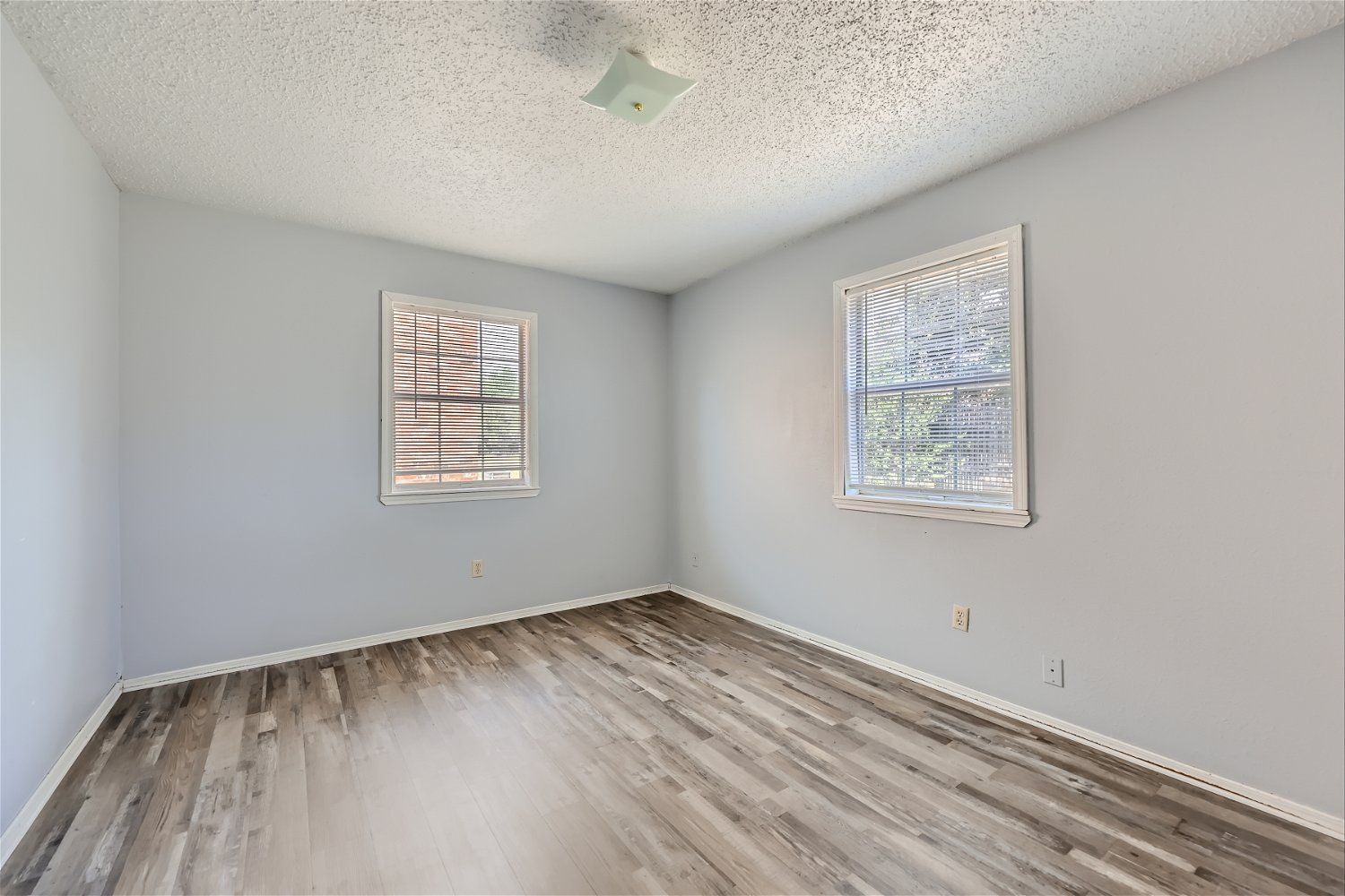 Empty bedroom with gray walls, two windows, wood-look flooring, and a textured ceiling.