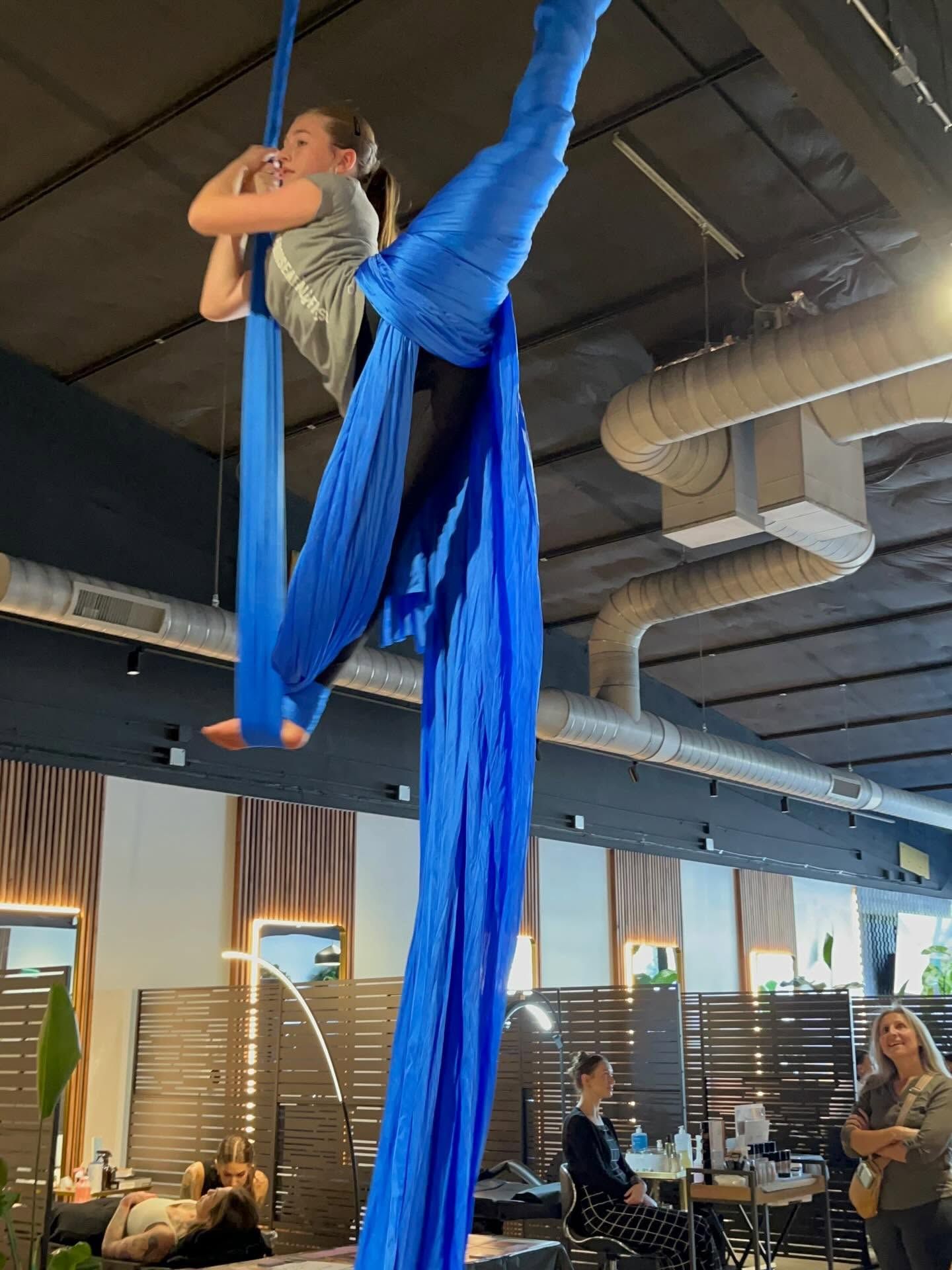 Aerial silks performer in a blue costume hanging high indoors above seated spectators.