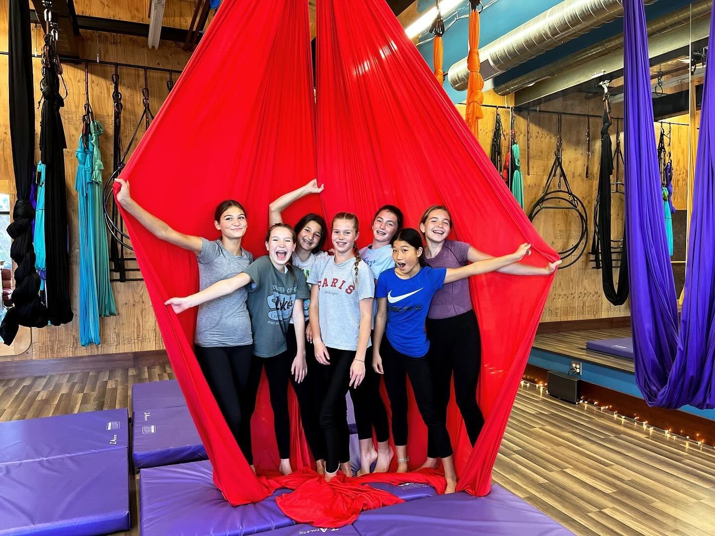 Group posing inside a red aerial silk in a gym studio, surrounded by colorful hanging silks.