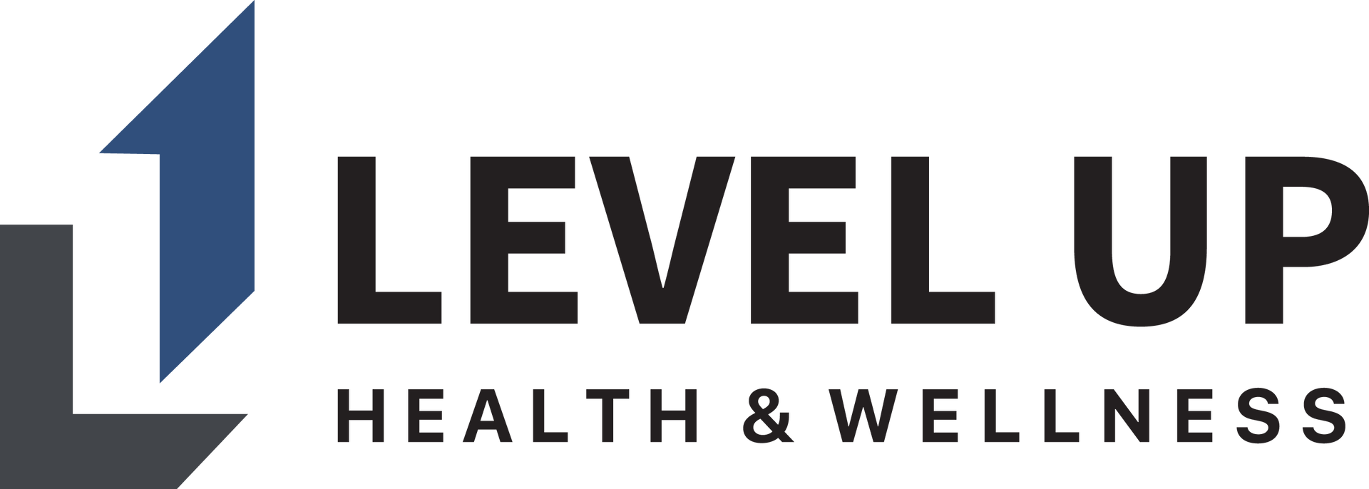 Level Up Health & Wellness logo with a blue upward arrow and gray 'L' shapes. Black text.