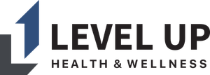 Level Up Health & Wellness logo with a blue upward arrow and gray 'L' shapes. Black text.