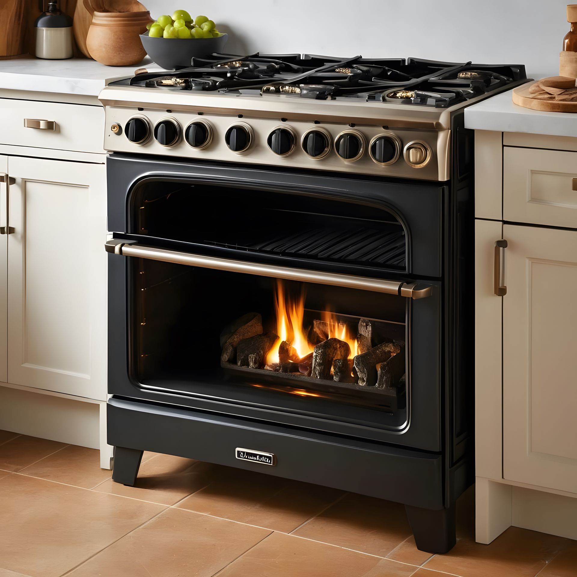 A black stove with a fire coming out of the oven