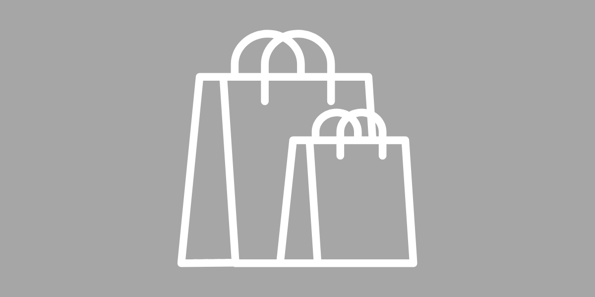 A line drawing of three shopping bags on a gray background.