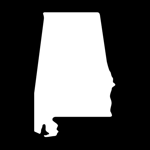 A white silhouette of the state of alabama on a black background.