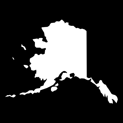 A white map of alaska on a black background.
