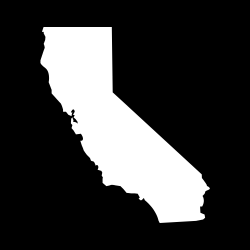 A white silhouette of the state of california on a black background.