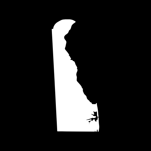 A white silhouette of the state of delaware on a black background.