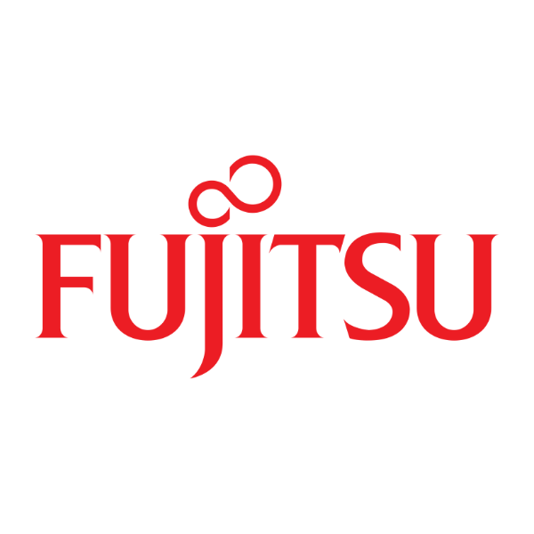 A red fujitsu logo on a white background