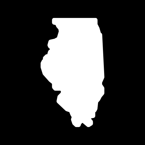 A white silhouette of the state of illinois on a black background.