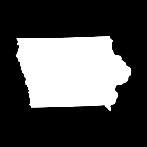 A white silhouette of the state of iowa on a black background.