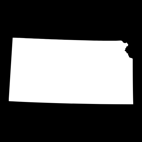 A white silhouette of the state of kansas on a black background.