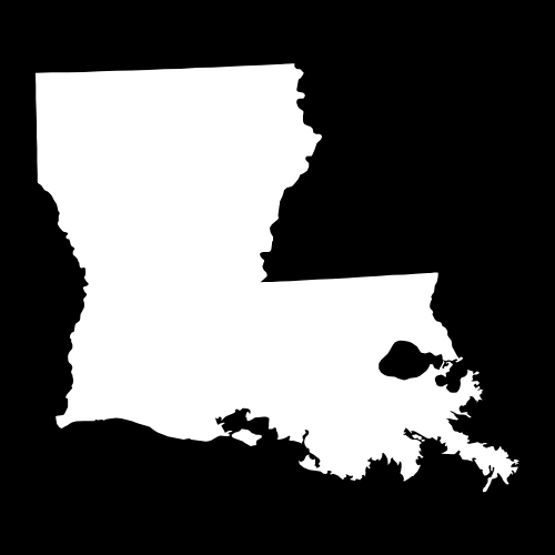 A white map of the state of louisiana on a black background.