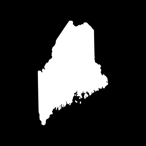 A white map of maine on a black background