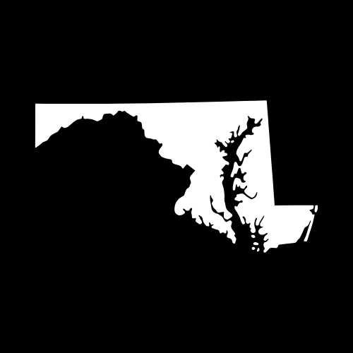 A white silhouette of the state of maryland on a black background.