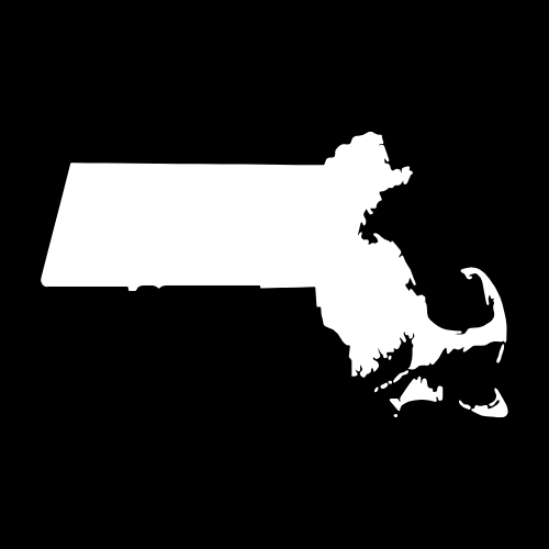 A white map of the state of massachusetts on a black background.