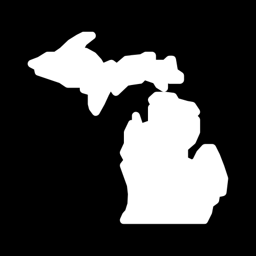 A white silhouette of the state of michigan on a black background.