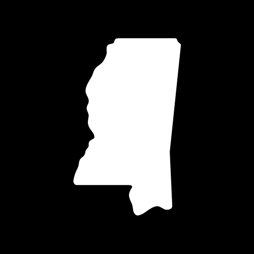 A white silhouette of the state of mississippi on a black background.