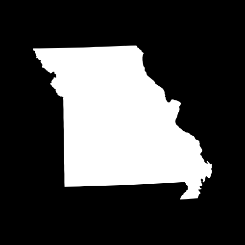 A white silhouette of the state of missouri on a black background.