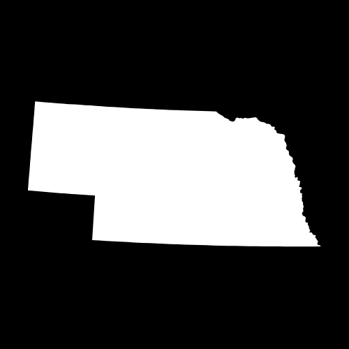 A white silhouette of the state of nebraska on a black background.
