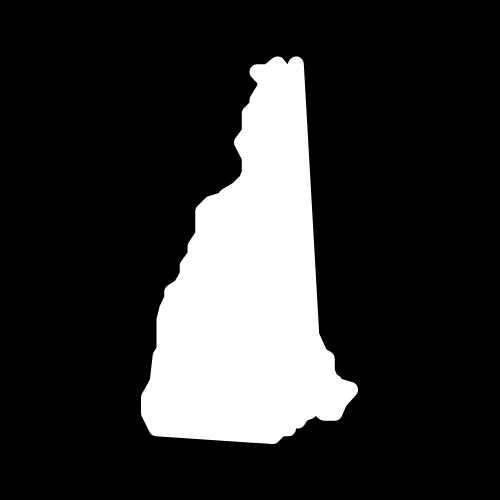 A white silhouette of the state of new hampshire on a black background.