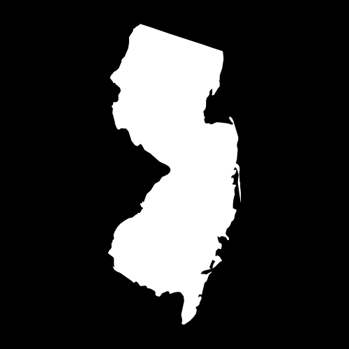 A white silhouette of the state of new jersey on a black background.