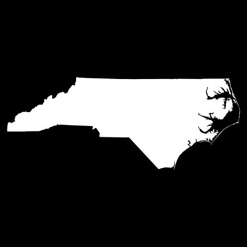 A white map of north carolina on a black background.
