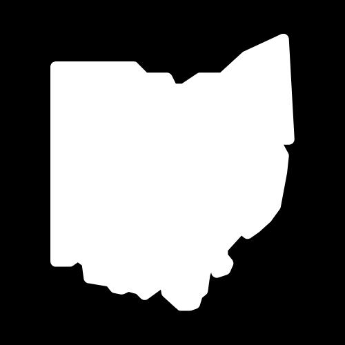 A white silhouette of the state of ohio on a black background.