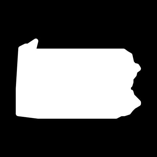 A white silhouette of the state of pennsylvania on a black background.