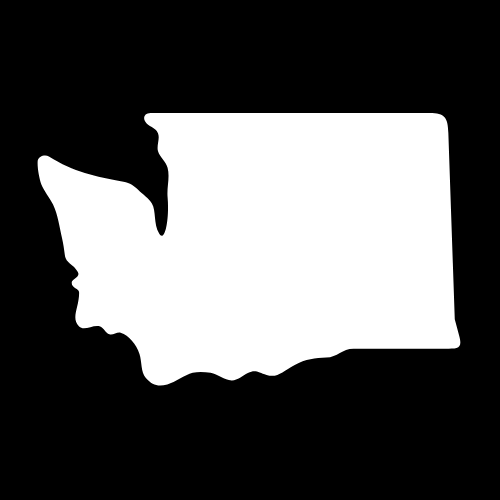 A white silhouette of the state of washington on a black background.