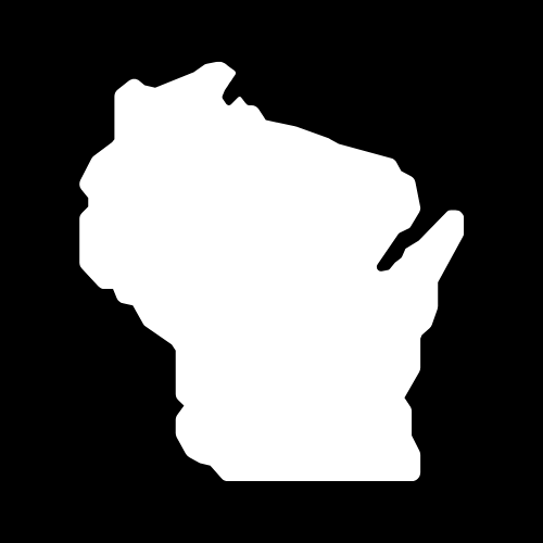 A white map of the state of wisconsin on a black background.