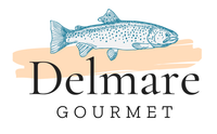 Un logo para delmare gourmet con una trucha