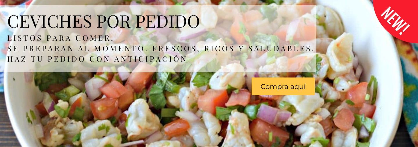 Ceviches preparados, listos para comer a domicilio. De pescado, ceviche de camarón, ceviche de salmón y ceviche de atún thai