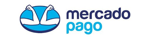 Un logotipo azul y blanco para mercado pago sobre un fondo blanco.