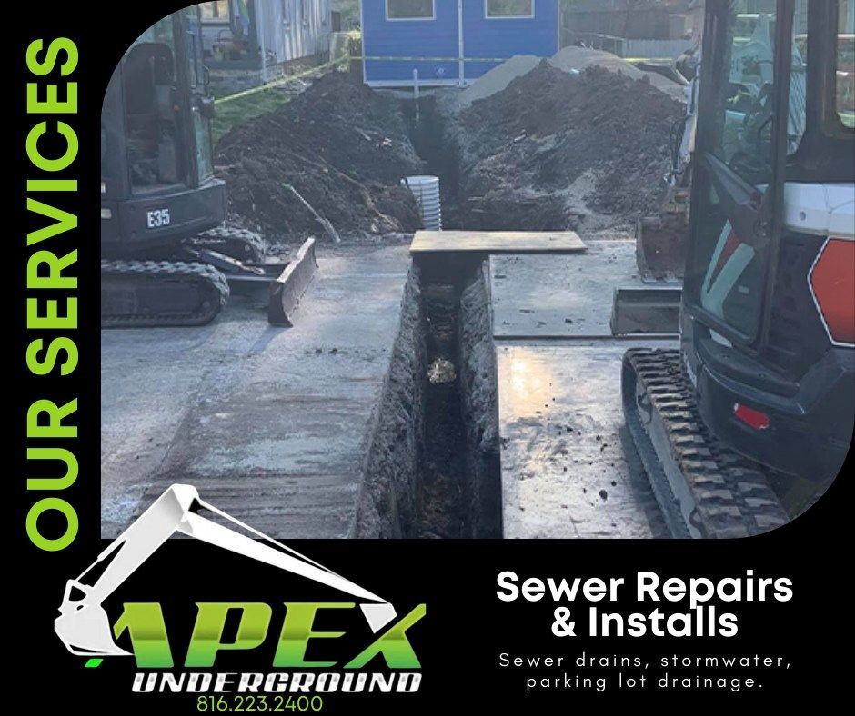 An advertisement for apex underground sewer repairs and installs