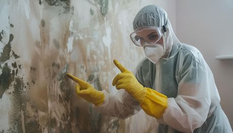 A person in a protective suit is pointing at a moldy wall.