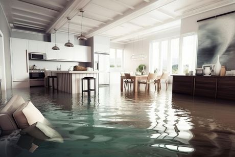 A flooded living room with a kitchen and dining room.