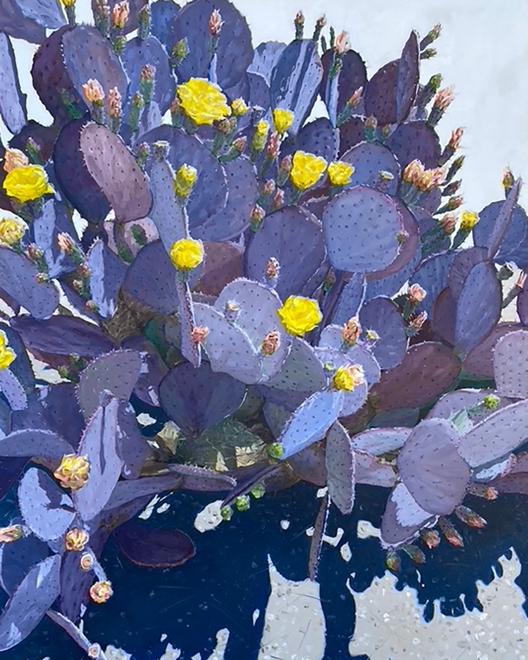 A painting of purple cactus with yellow flowers