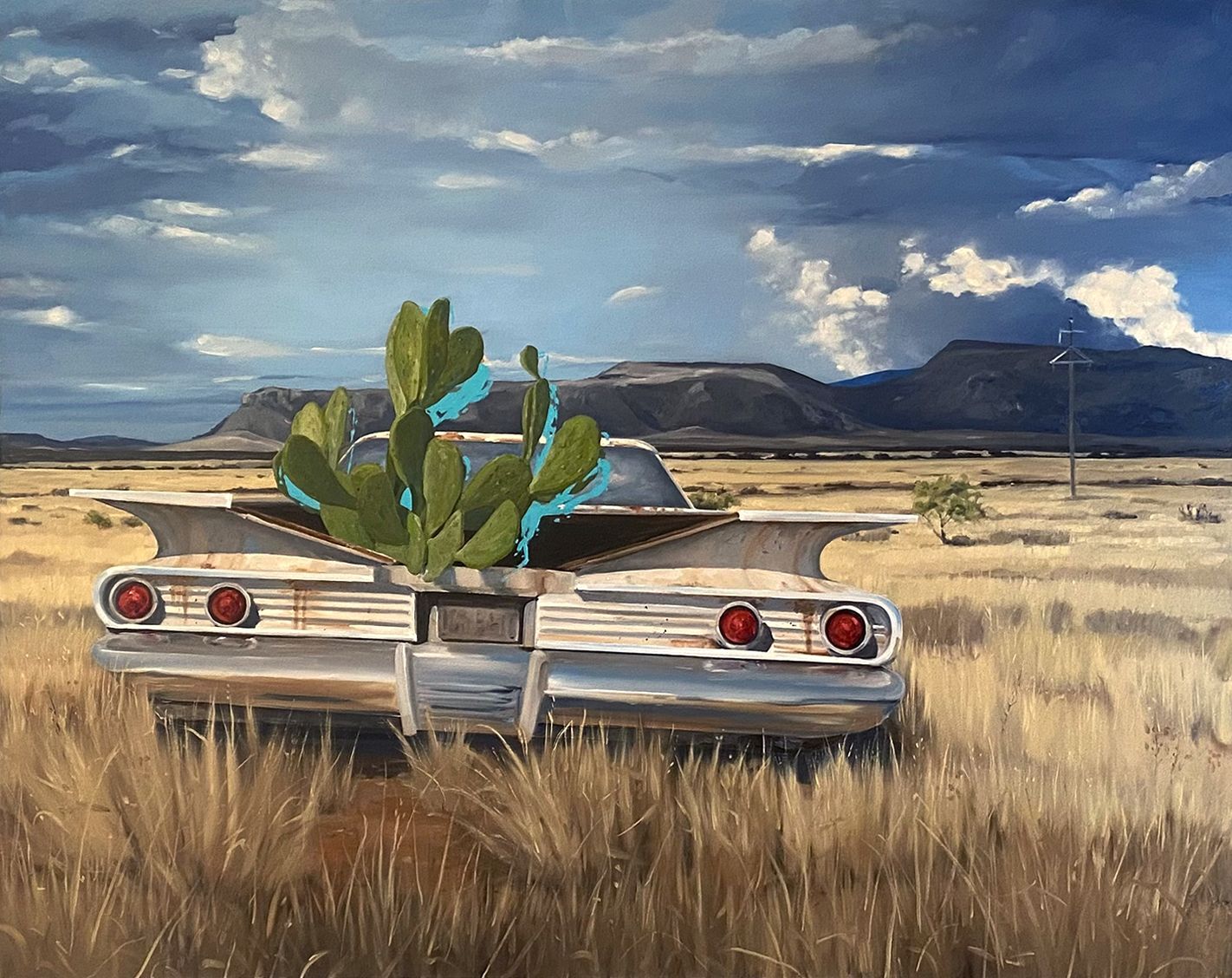 A painting of an old car with a cactus growing out of the back.
