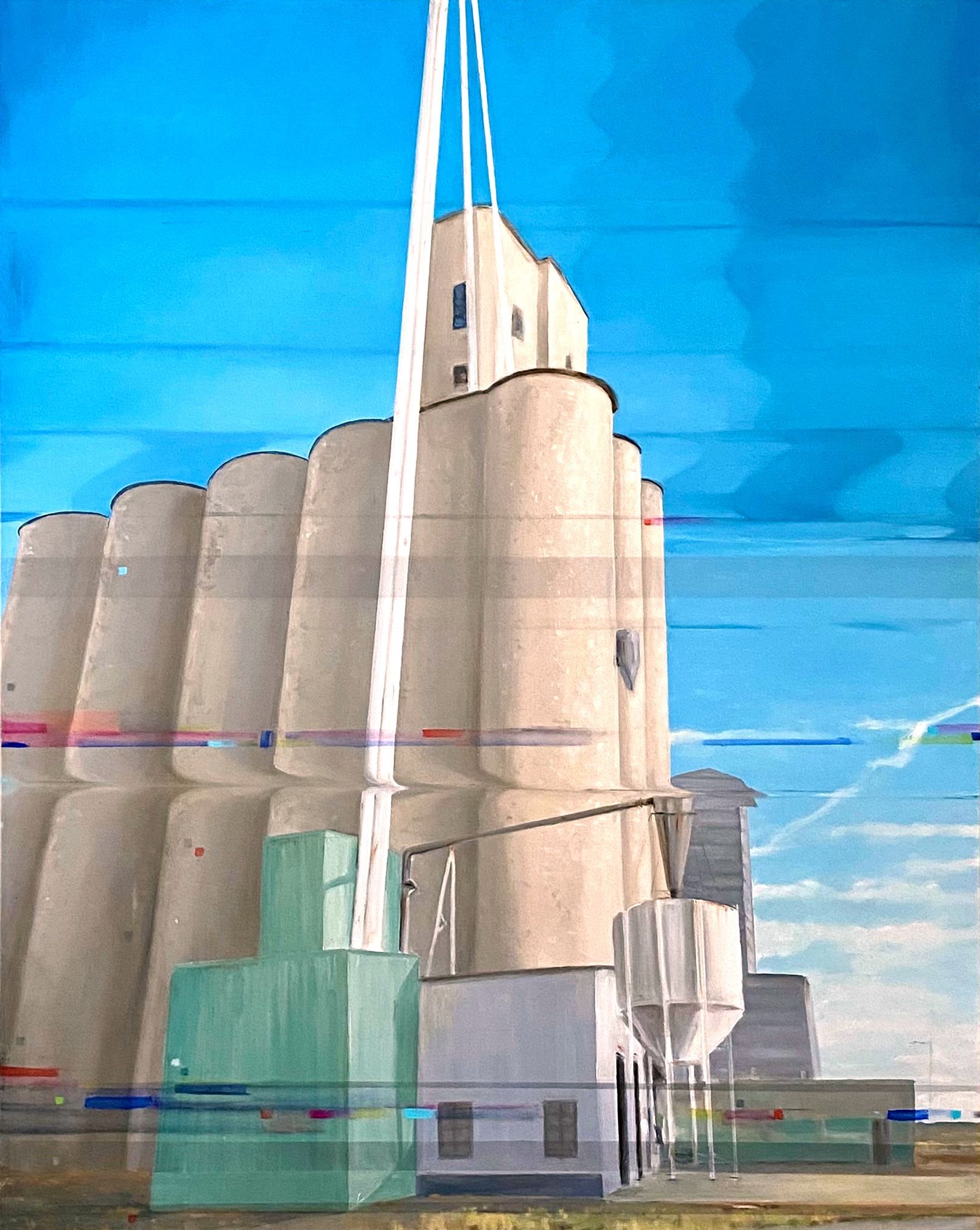 A painting of a large building with a blue sky in the background