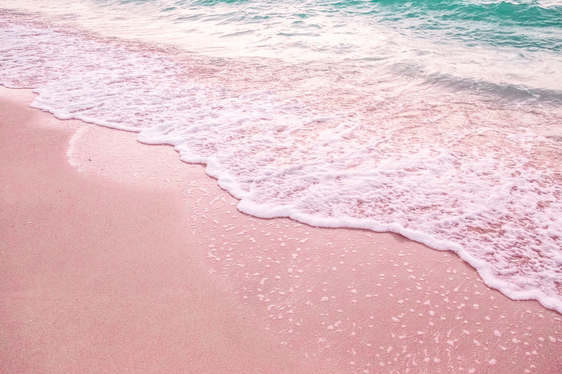Pink sand beach with turquoise water gently lapping the shore.