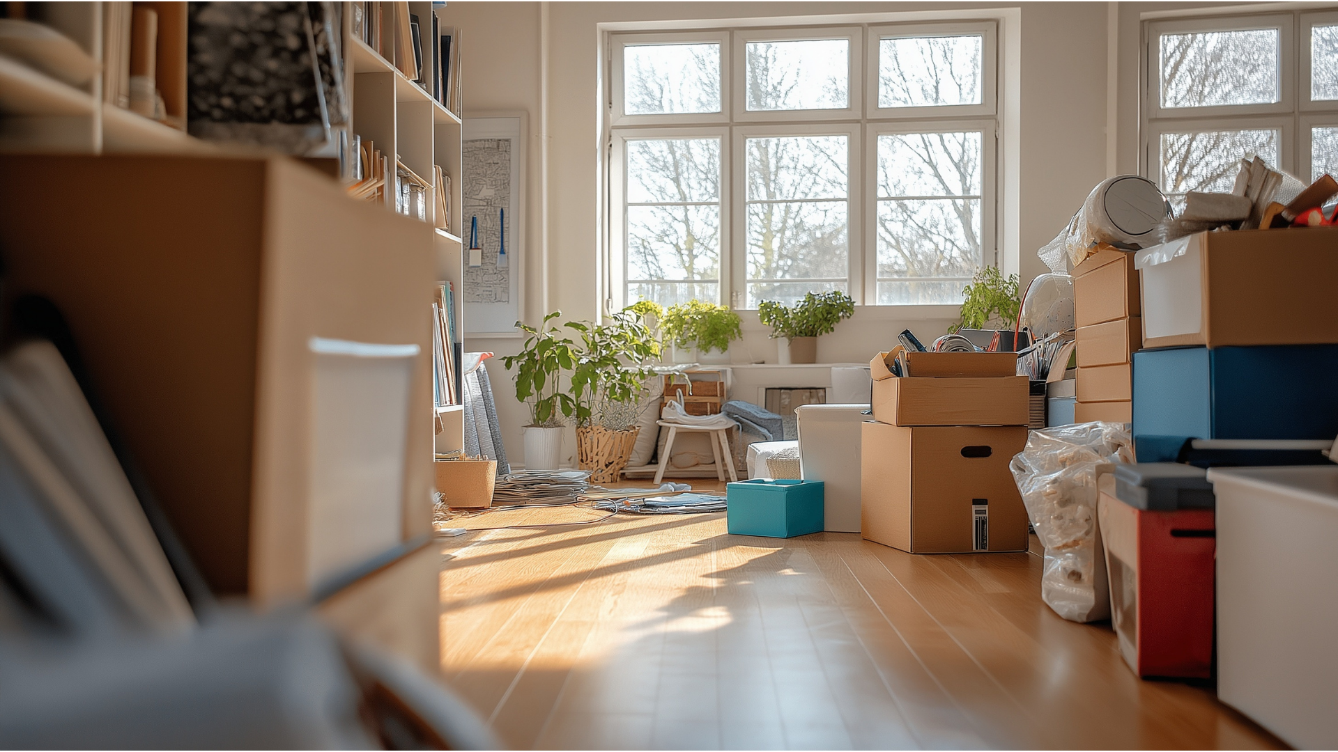 A living room filled with lots of cardboard boxes and plants.