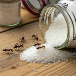 Ants are gathered around a jar of sugar on a wooden table
