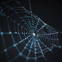 A spider web with water drops on it in the dark