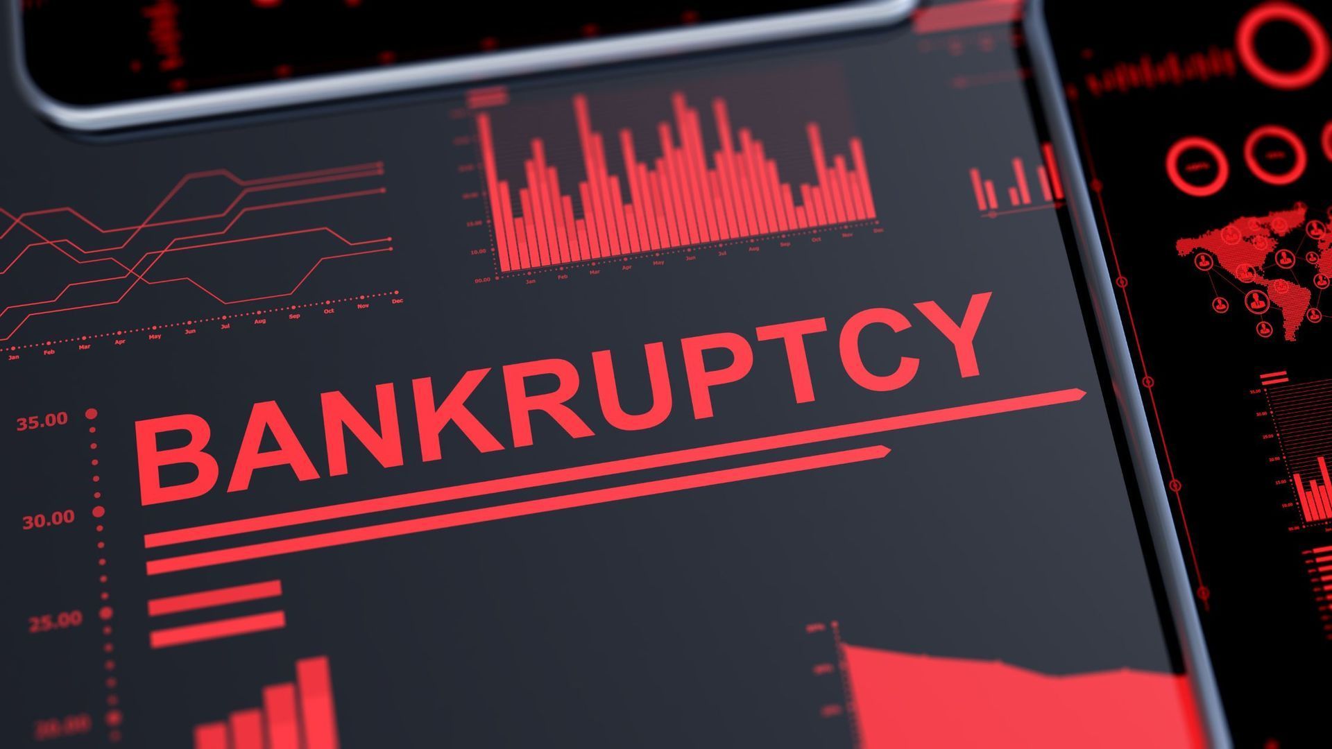 A cell phone with the word bankruptcy on it.